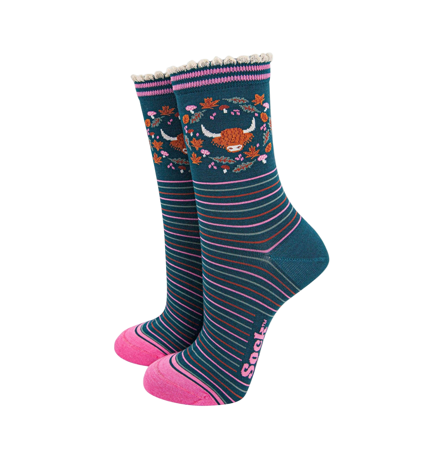 Highland Cow Wreath Forest Green – Damen Socken