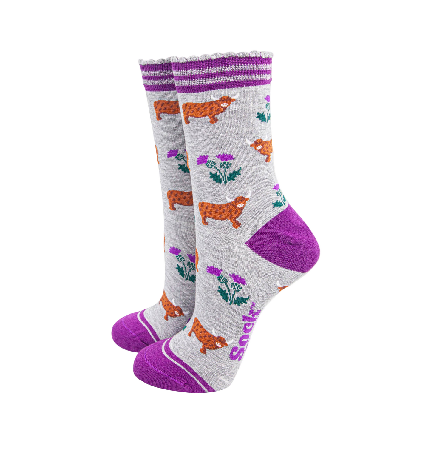 Highland Cow Thistles Grey – Damen Socken