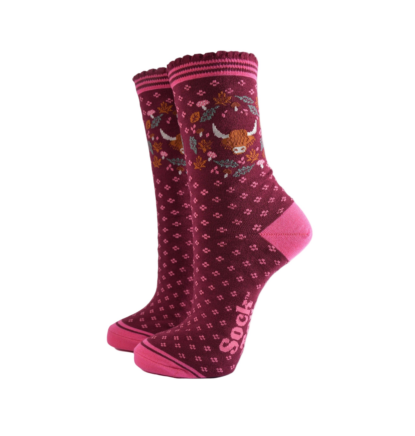 Highland Cow Wreath Burgund – Damen Socken
