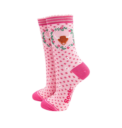 Highland Cow Wreath Pink – Damen Socken