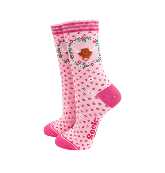 Highland Cow Wreath Pink – Damen Socken