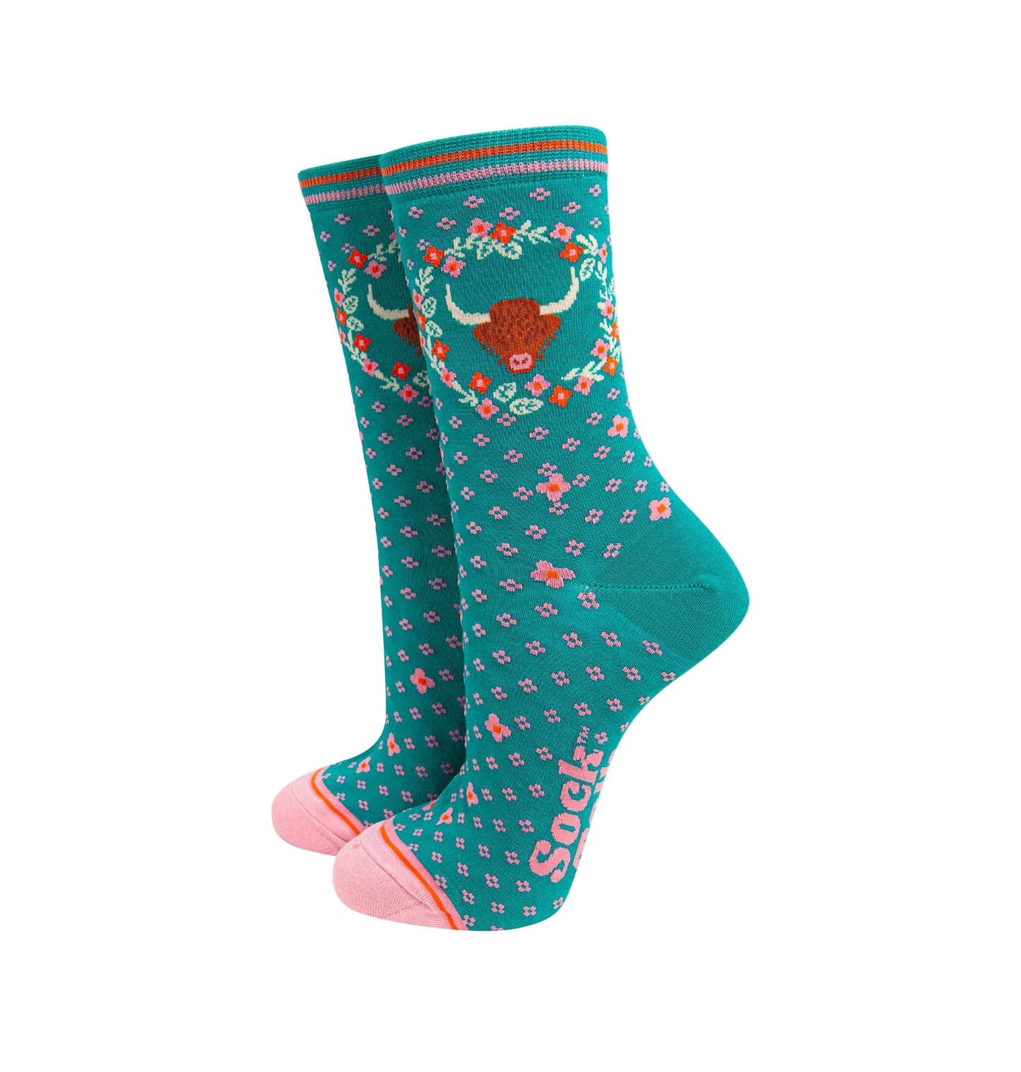 Highland Cow Wreath Teal – Damen Socken
