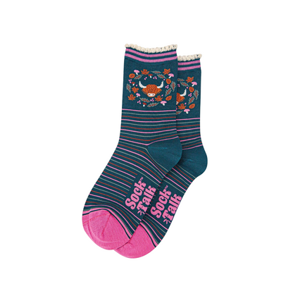 Highland Cow Wreath Forest Green – Damen Socken
