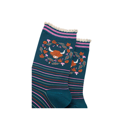 Highland Cow Wreath Forest Green – Damen Socken
