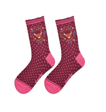 Highland Cow Wreath Burgund – Damen Socken