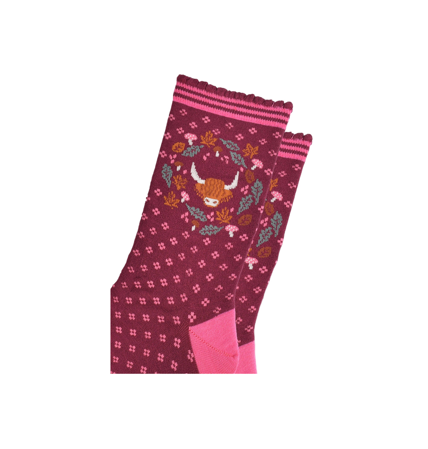Highland Cow Wreath Burgund – Damen Socken