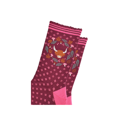 Highland Cow Wreath Burgund – Damen Socken