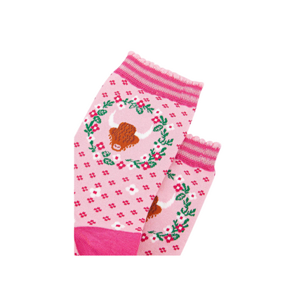 Highland Cow Wreath Pink – Damen Socken