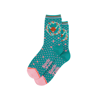Highland Cow Wreath Teal – Damen Socken