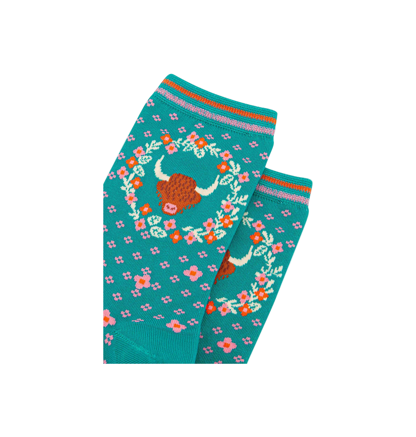 Highland Cow Wreath Teal – Damen Socken